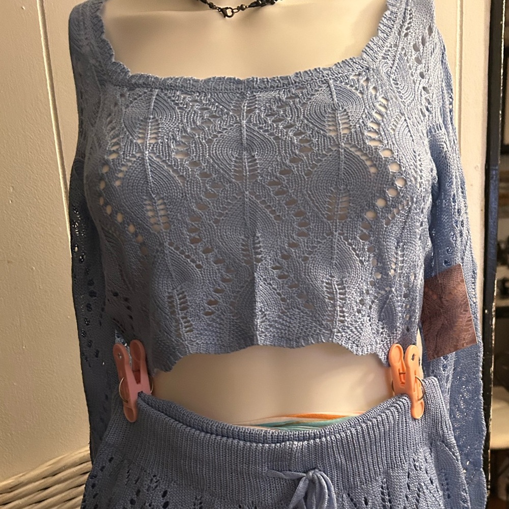 Blue Knit Crop Top and Skirt Set